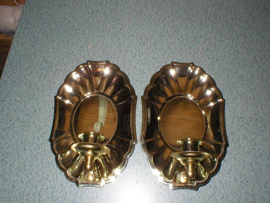 2 Vtg Gold Chrome Metal Colonial Reflective Wall Light Sconces 8 3/4