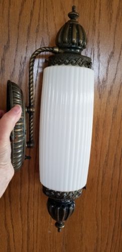 Pair Retro Wall Sconces White Ribbed Glass Virden Lighting