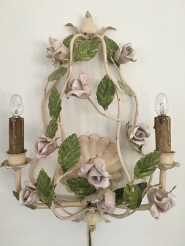 Vintage Italian Tole Sconce Pink Porcelain Roses Chippy Shabby Chic