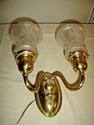 Antique Double Brass Wall Sconce with Etched Shades Oval Back Plate 438