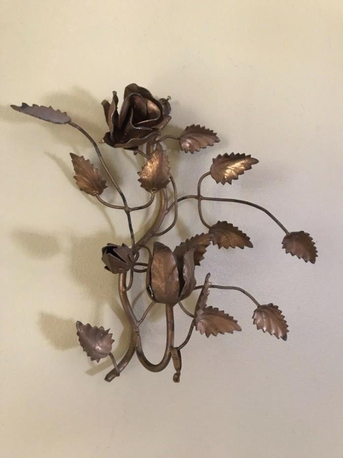 Vintage  Italy Gold Wall Sconce Candelabra Metal Roses Regency Candle