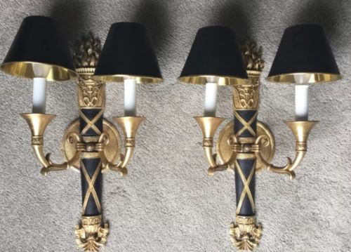 Vintage Pair French Directoire Bronze Brass Tole Bouillotte Lamp Wall Sconces