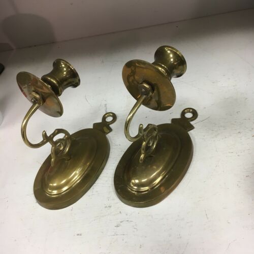 2 Heavy Shiny Brass Oval 1 Arm Candle Sconces Wall Mount Polished Candle Holders