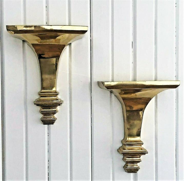 Vintage Pair Hollywood Regency Solid Brass Wall Bracket Shelf Sconce Heavy