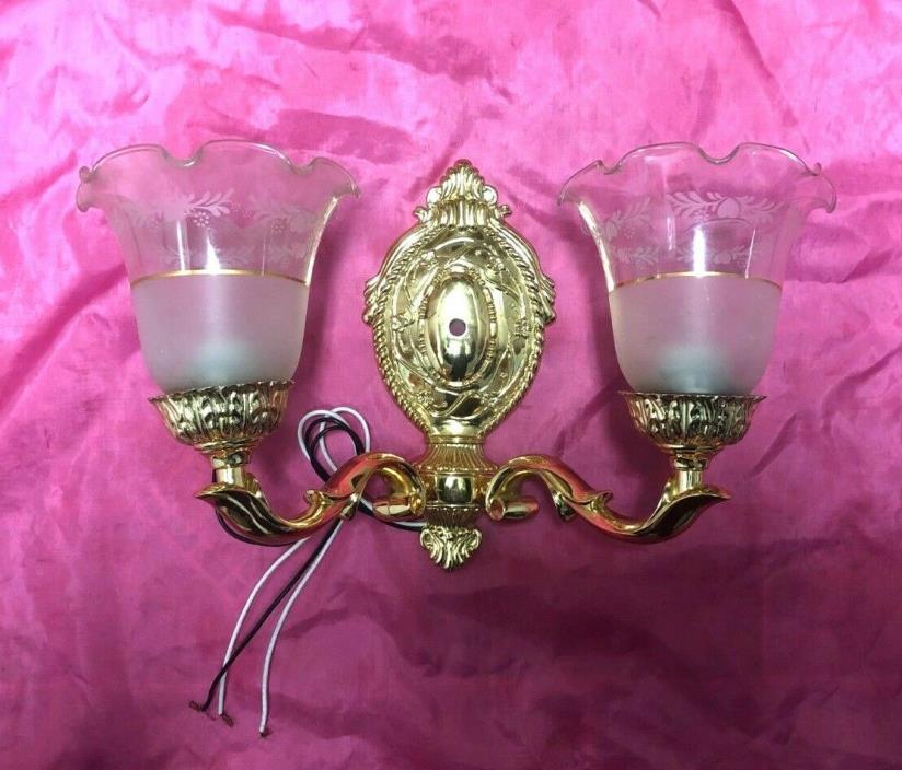 Vintage 2 Light Wall Sconce Light Fixture Glass Shades Ornate Brass Vanity- L@@K