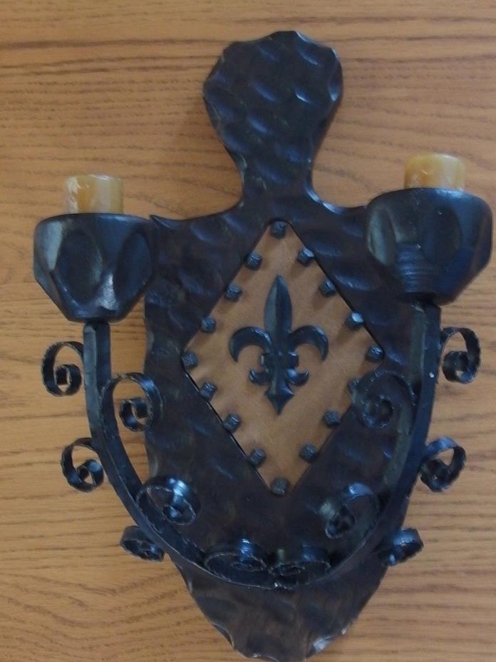 Gothic Medieval Style Wrought Iron & Wood Dble Sconce w/Original Candles