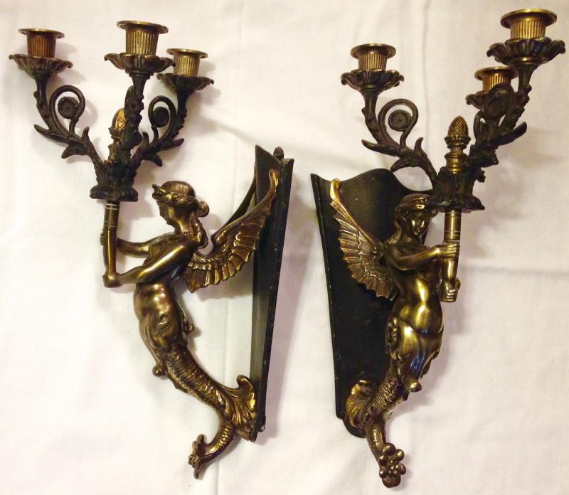 Pair of Vintage French Bronze Brass Mermaid Candelabra Wall Sconces