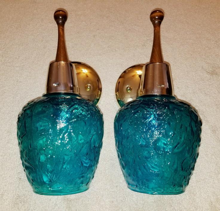 Vintage MCM Turquoise Blue Saphiret Glass Cone Wall Fixture Sconce Lights