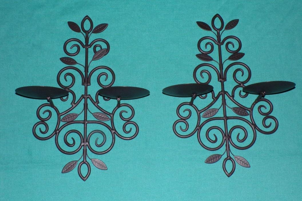 Pair Brown Metal Double Wall Pillar Round Candle Holders Sconces Leaf Scroll