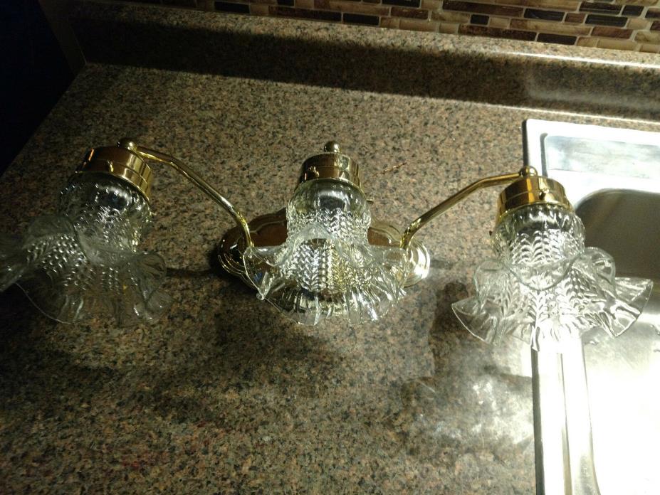 Vanity Light Fixture Glass Shades 3 Armed Goldtone Sconce Wall Mirror