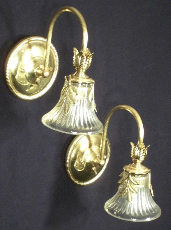 PAIR OF MID CENTURY MODERN BRASS FLORAL SCONCES WITH GLASS BELL SHADES