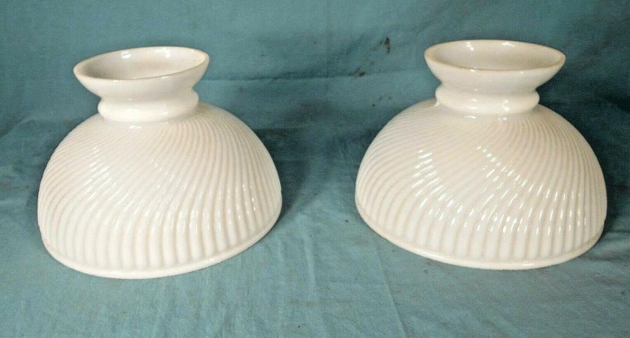 PAIR OF VINTAGE SWIRL RIBBED MILK GLASS STUDENT LAMP OIL LAMP SHADES