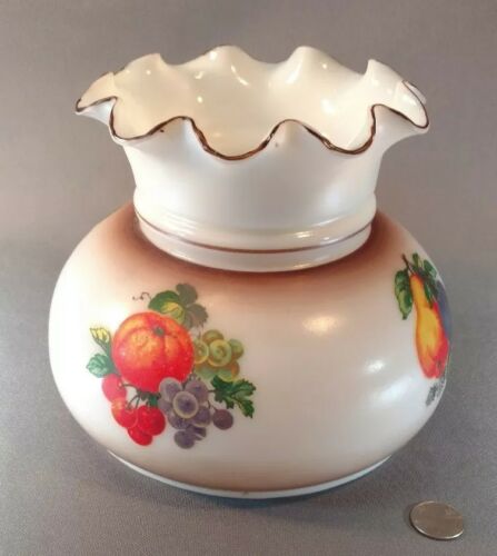 Vintage 7in Milk Glass Hurricane Lamp Shade Flutted Fruit and Berries Brown Trim