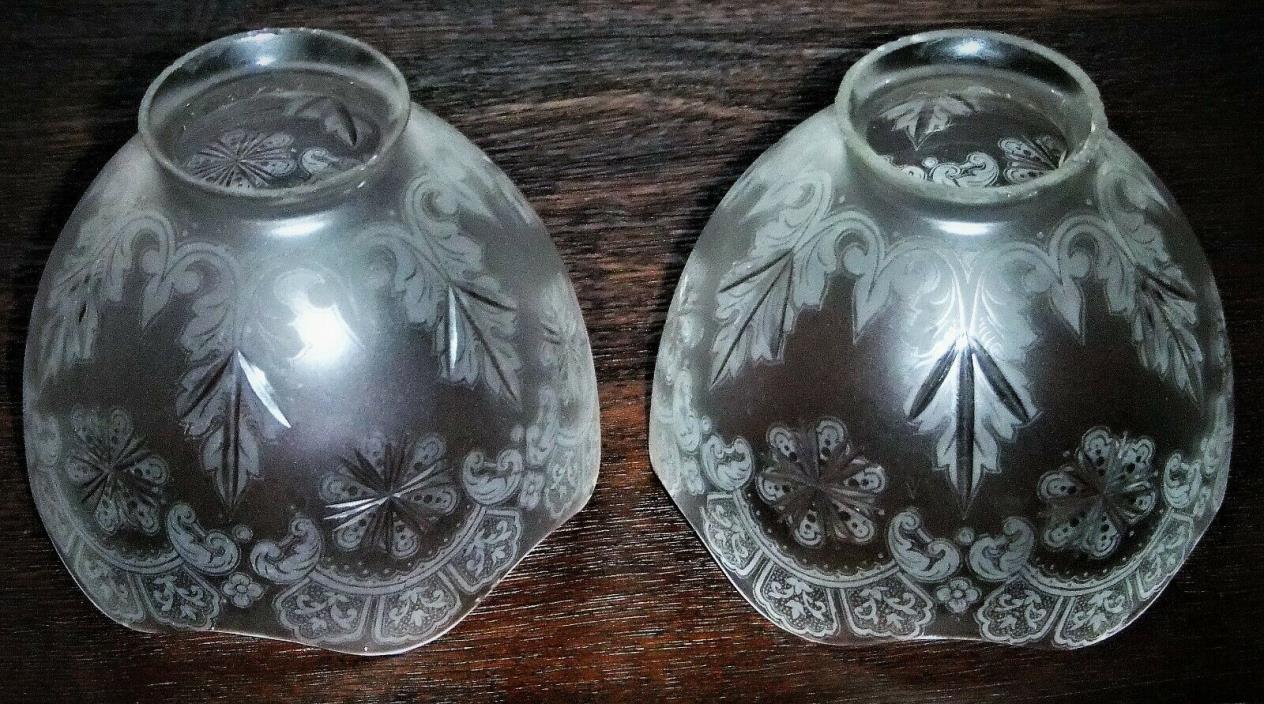 Matching Pair of ETCHED AND CUT Antique Crystal  LAMP SHADES 2 1/4
