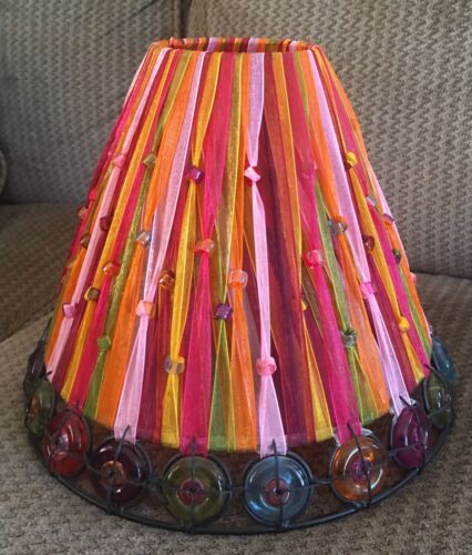 Beautiful Table Bell Lamp Shade Fabric and Beads Pink Orange Purple 8.5x10”