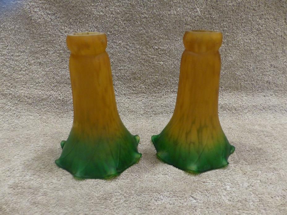 2 VINTAGE TIFFANY STYLE LILLY TULIP GLASS LAMP SHADE AMBER GREEN REPLACEMENT EUC