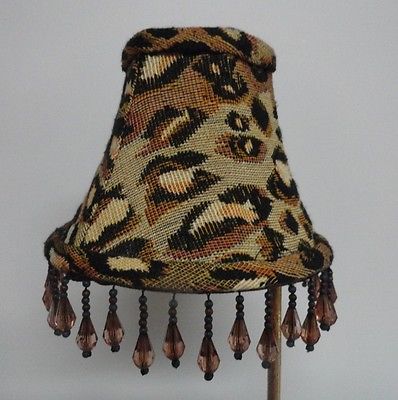 Lamp shade tapestry leopard print  amber beads  4 inch   shade