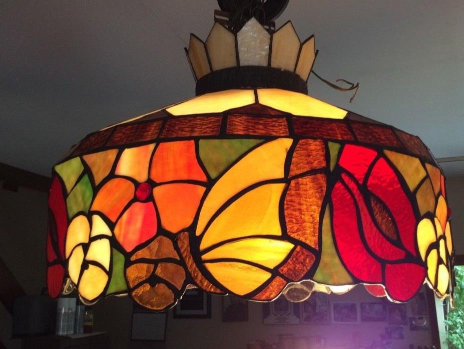 Vintage large stained slag glass multi colored lamp shade hanging - 20