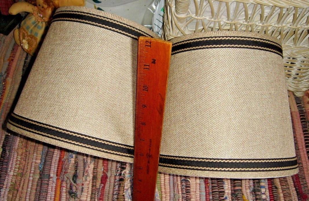 VTG FRENCH COUNTRY RUSTIC COTTAGE KHAKI BURLAP RIBBON TRIMMED LAMP SHADE SET 2pc