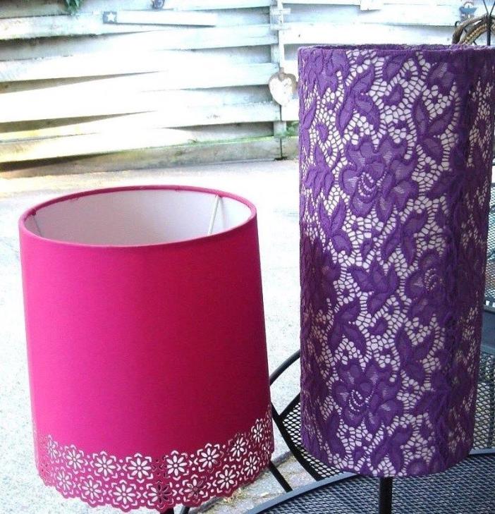 VTG SHABBY COTTAGE PURPLE LACE TALL PINK CUT OUT FLOWER CHIC LAMP SHADE LOT 2pc!