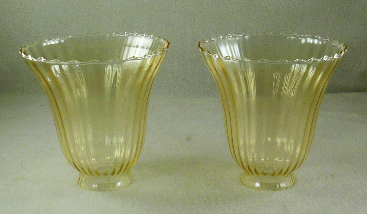 2 Vintage Amber Glass Light Shades Ribbed Delicate