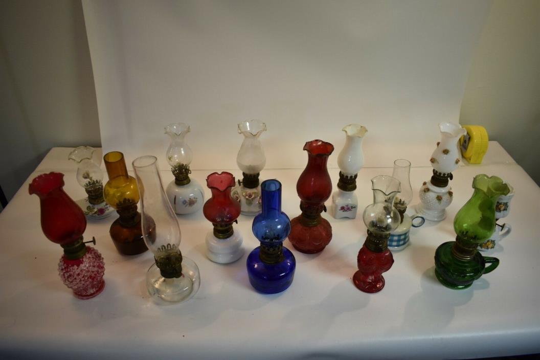 Huge Lot Of 15 Vintage Antique Milk / Glass Miniature Oil Lamps Colored Clear US