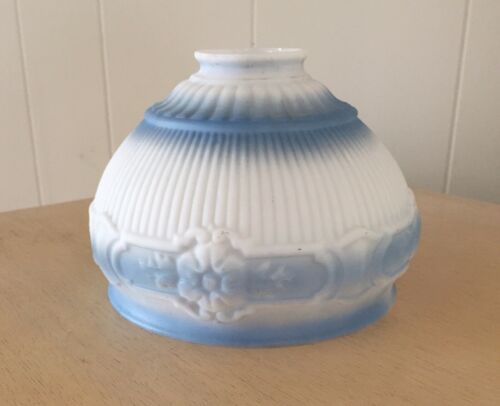 Antique/Vintage Blue & White Milk Glass Light/Lamp Shade Scalloped/Floral Design