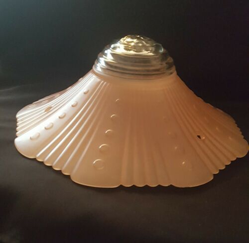 FROSTED ART DECO GLASS CEILING LIGHT PINK/SALMON RIBBED CLEAR DOME VINTAGE