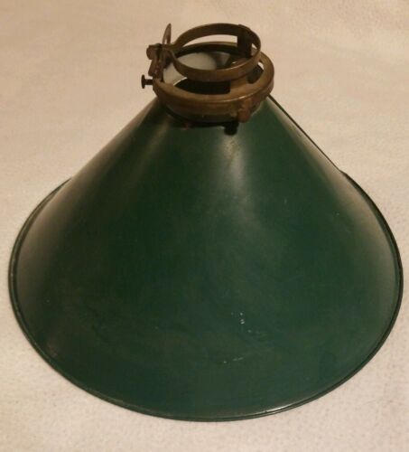 ANTIQUE INDUSTRIAL TIN LAMP SHADE WITH BRASS RING OLD GREEN VINTAGE PAINT