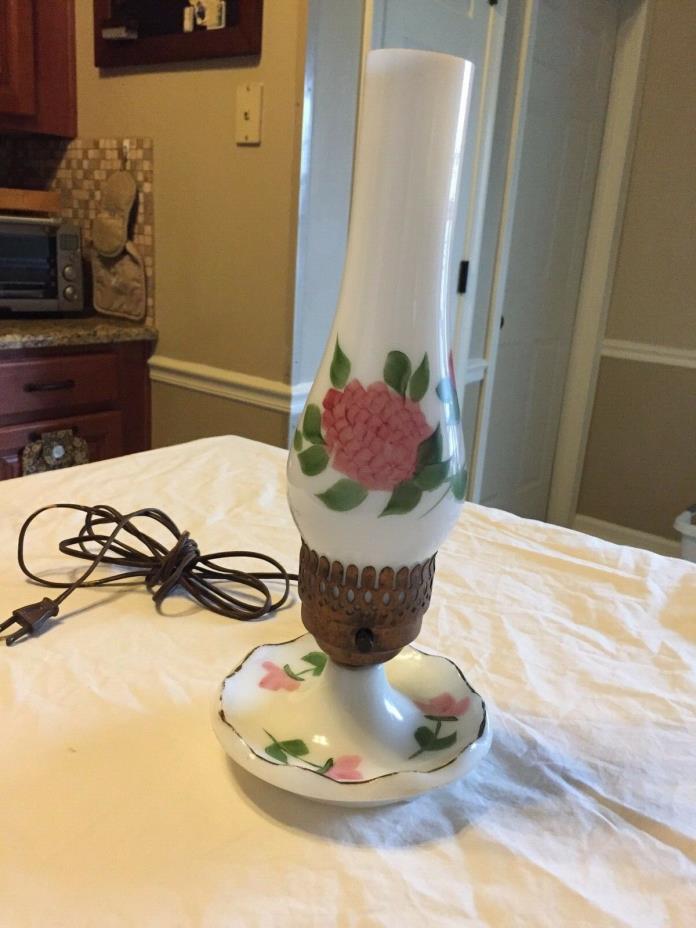 Vintage Milk Glass Hurricane Floral Table Lamp Bed Light Hand Painted White Pink