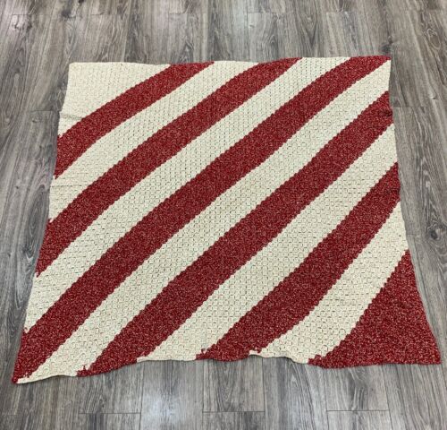 Red Beige Retro Afghan Crochet  Throw Blanket Handmade Vintage Stripes 60