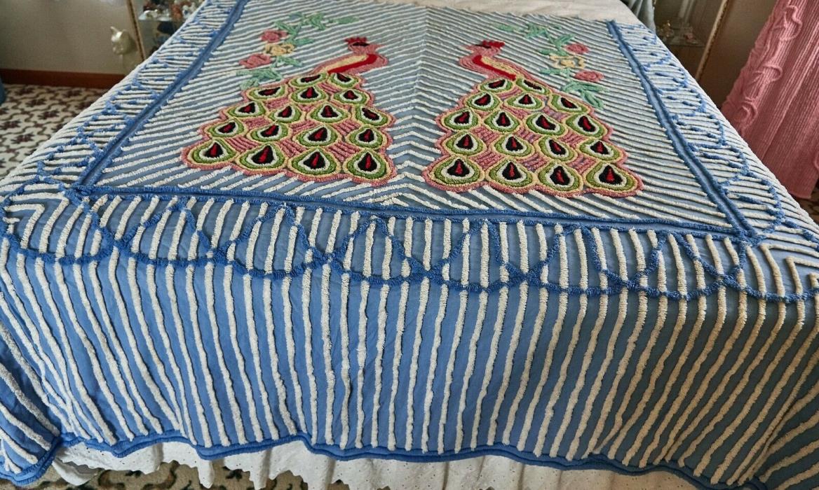 MIDCENTURY  DOUBLE PEACOCKS CUTTER  OR CRAFTS BLUE CHENILLE BEDSPREAD