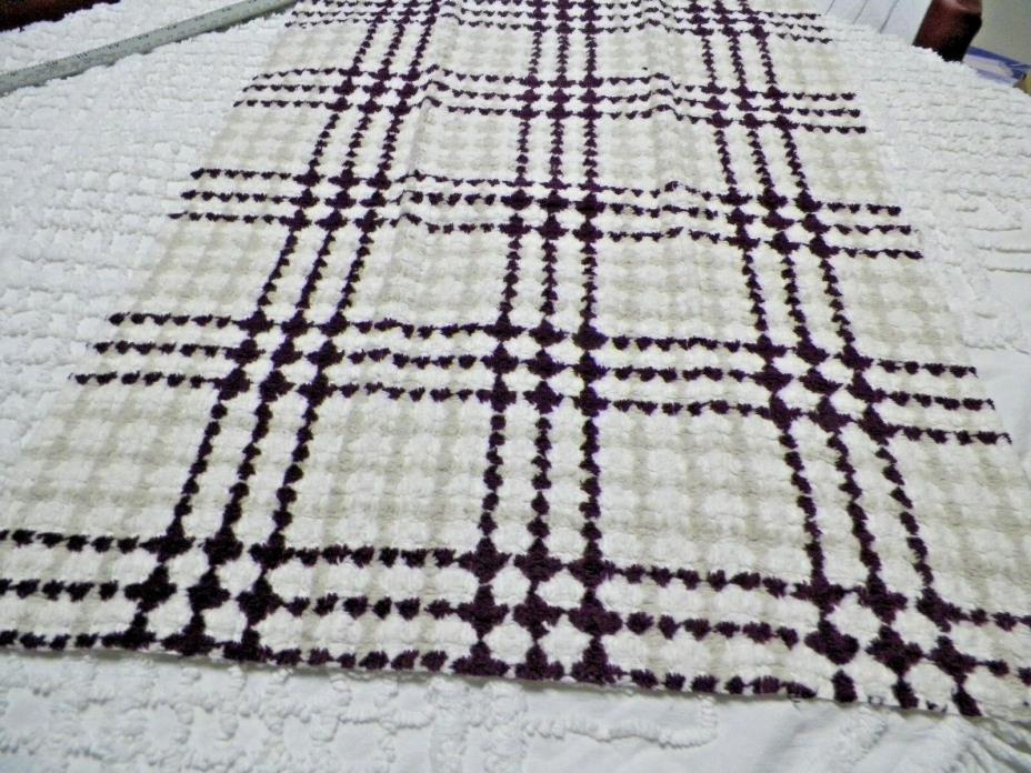 Vintage Super Plush Plum Plaid  Chenille Bedspread Quilting Craft Fabric  A 1084