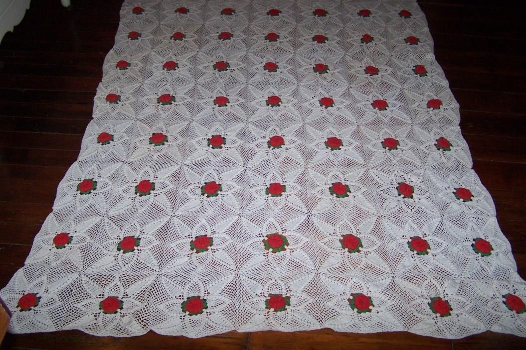 Vintage Crochet White Red 3D Floral Rosette Bedspread 94