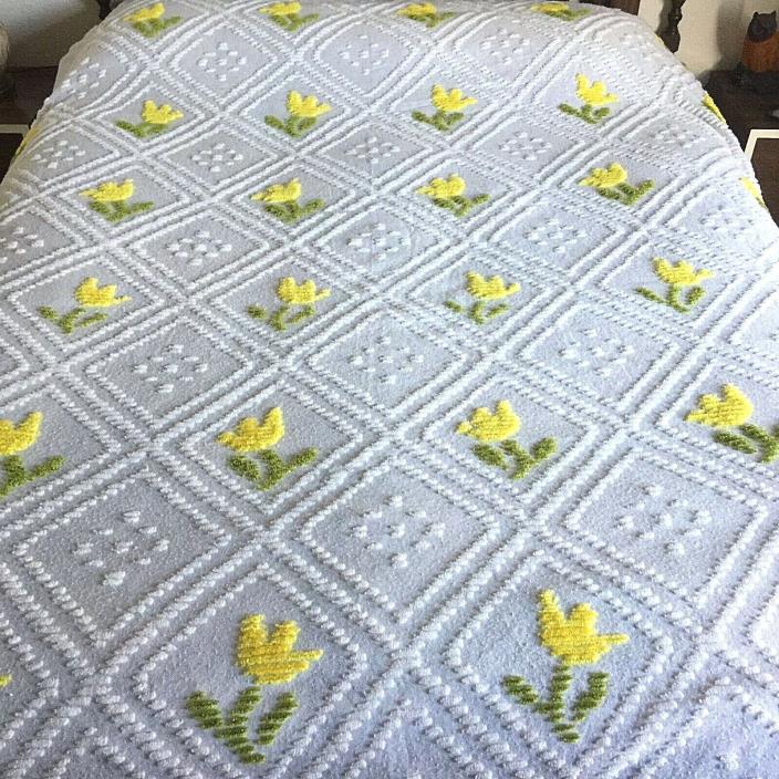 Vintage Twin Chenille Bedspread White With Yellow and Green Flowers 110 X 82