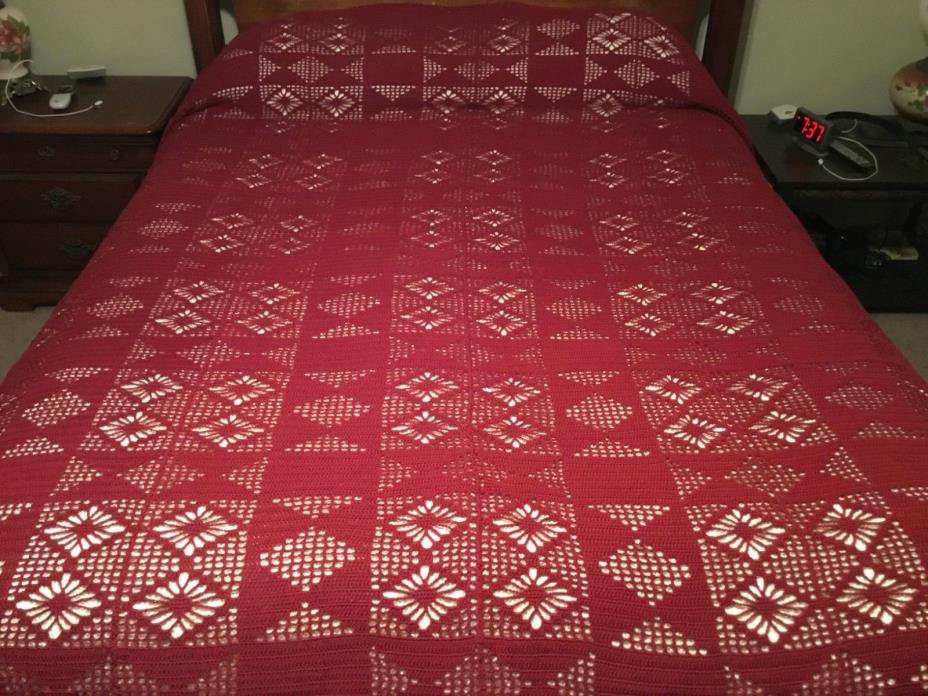 Crocheted Burgandy Bed Coverlet/Bedspread/Tablecloth 97 X 101