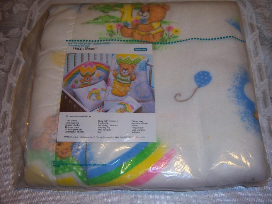 Vtg Toddle Time Crib Blanket Happy Bears Hot Air Balloon Rainbow JCPenney 40x45