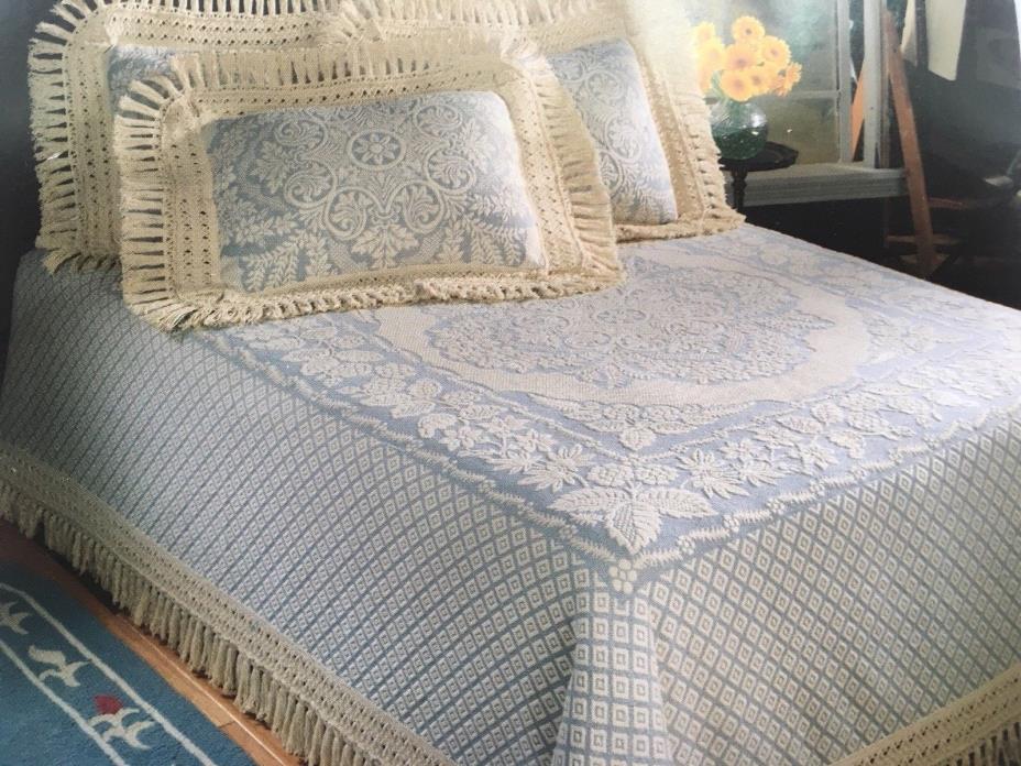 Vtg Georgian Colonial Blue Floral Cotton Bedspread Cover & Sham Twin Size Fringe