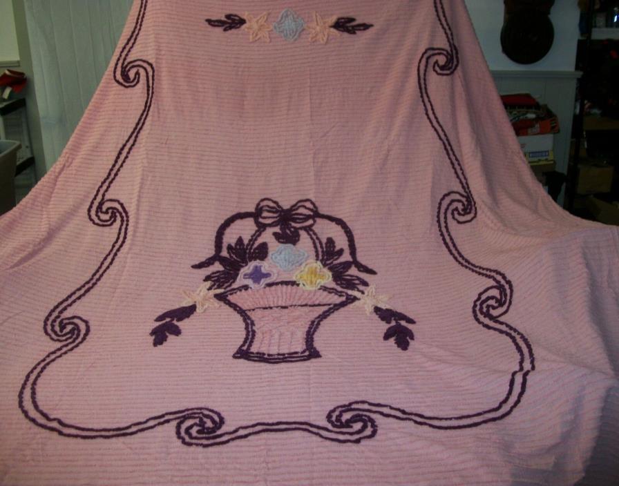 Vintage Pink Flower Basket Chenille Bedspread 106x90 Full Queen Burgundy Blue