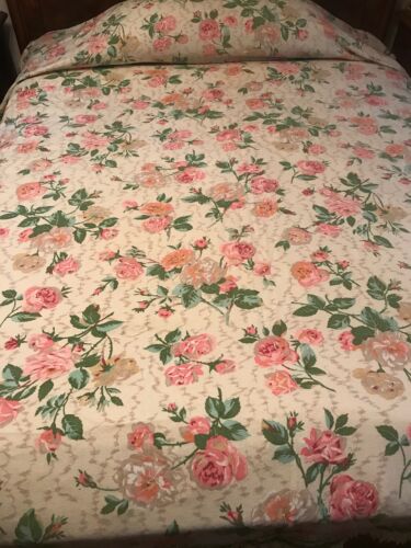 FAB! Vintage Cream w Pink Roses Linen Blend Fringed Twin Bedspread 103