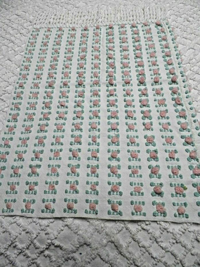 Vint. Vantona Pink Rosebuds Chenille Bedspread Quilt Craft Fabric  A 1461