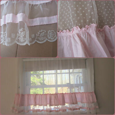 Shabby Vintage Victorian Pink Rose Ruffle Flocked Dot Curtains Pair Panels