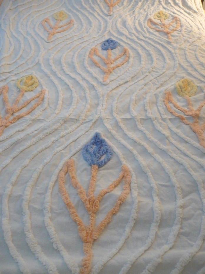 Vintage Chenille Bedspread Full / Twin White Peach Yellow Blue Flowers Tulips