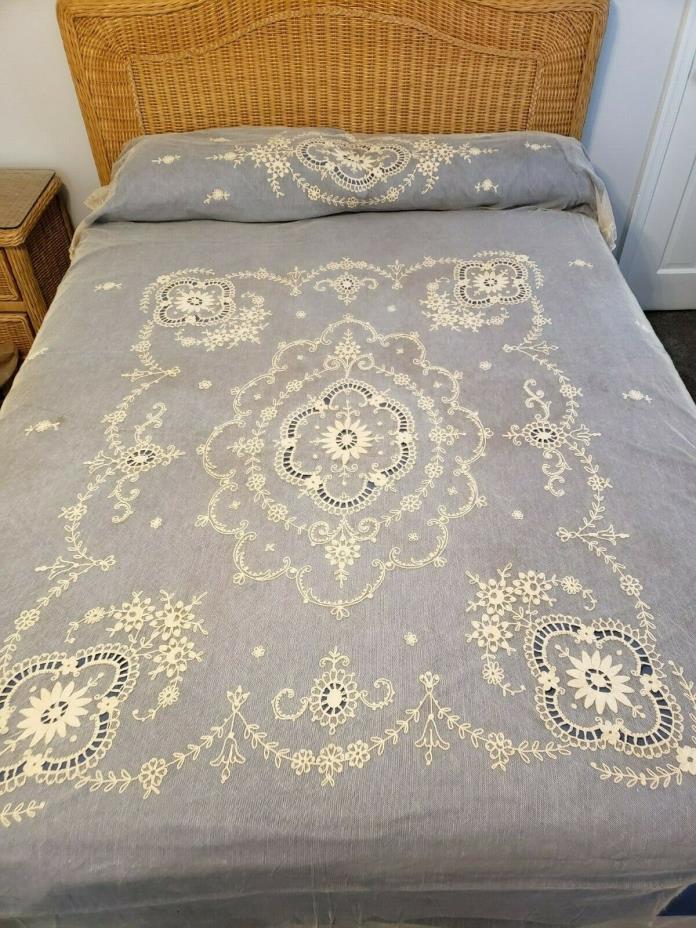 EXQUISITE VINTAGE BEIGE LACE TWIN BED COVERLET