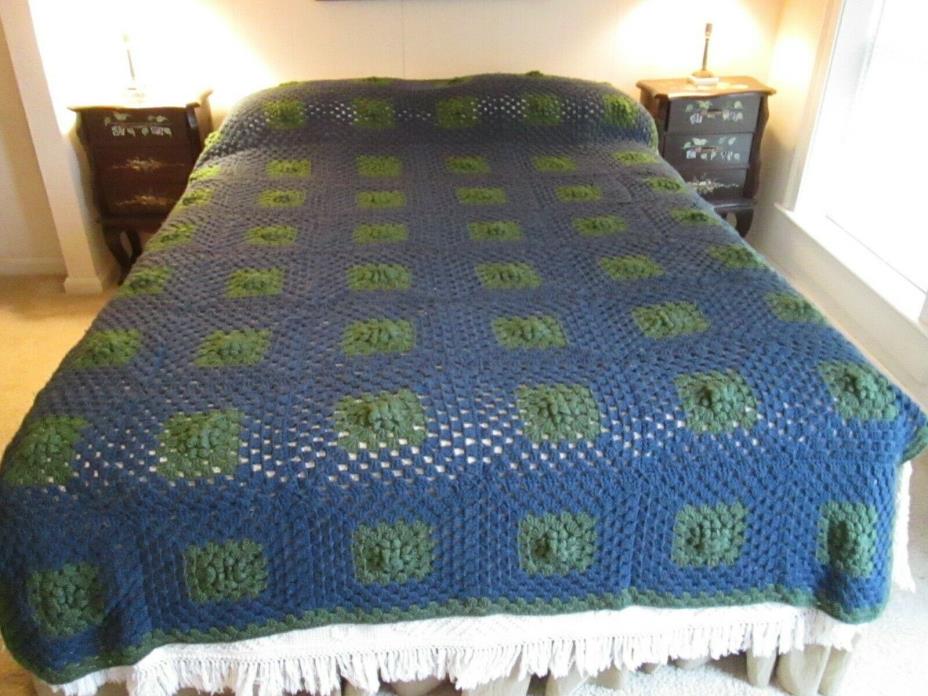 Vtg Granny Crocheted Afghan / Bedspread 3D Roses Flowers Blue & Green 66 X 100