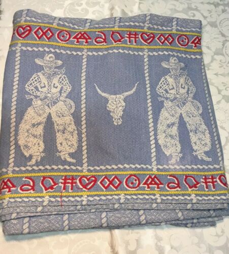Old Vintage Bates Bedspread Blue Cowboys and Cow Skulls Fading Red and Yellow