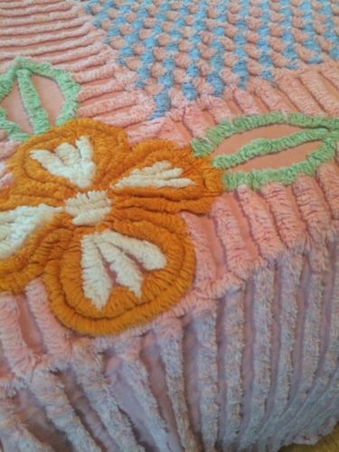 Vintage Thick Plush Chenille Pink Blue Cotton Bedspread Full