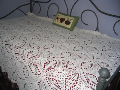 Bed Cover or table cloth Twin size Crochet White Cotton Used Vintage 76 x 81