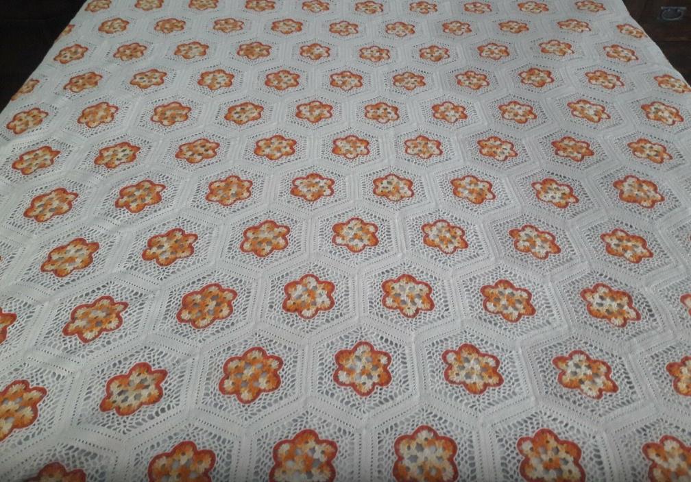Vintage Cream Orange Floral Crochet King Queen Coverlet Bedspread 91