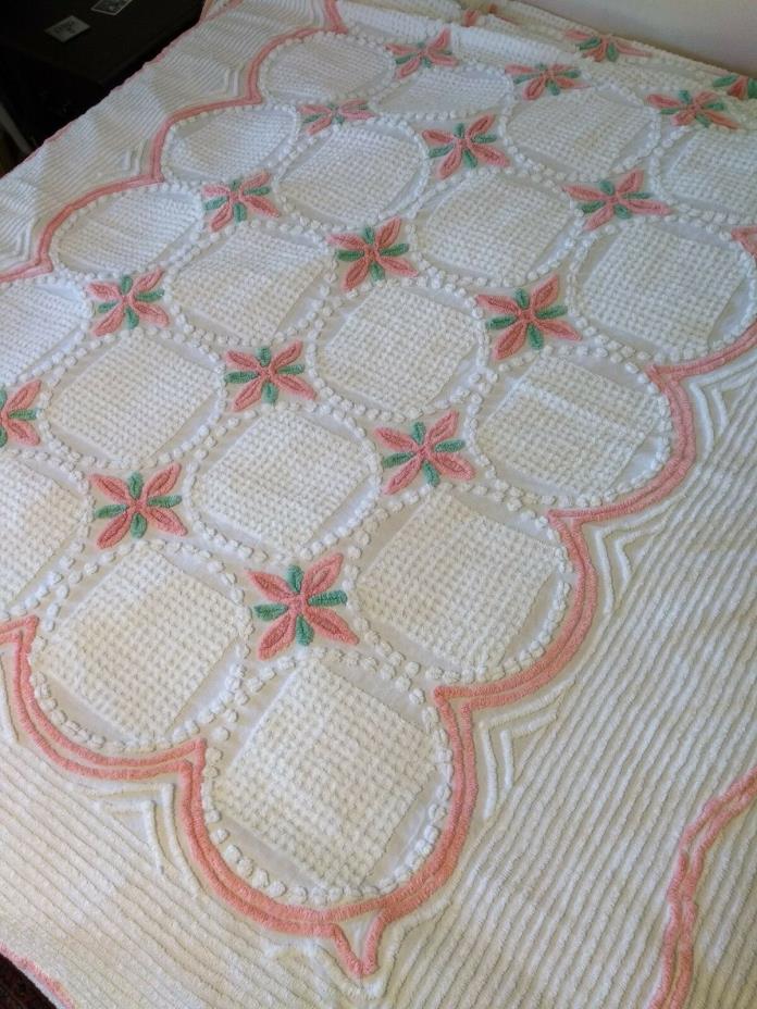 Vintage Chenille Bedspread Pink/Salmon Floral on White 90x99